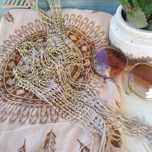 Vintage long necklace scarf woven tan gold beads